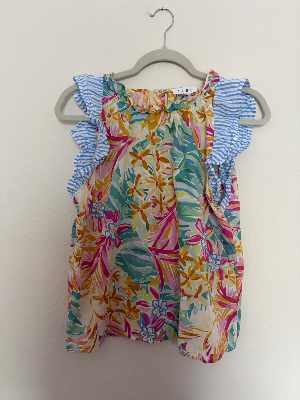 THML Tropical Floral Ruffle Sleeve Tank Blouse XS - Multicolor - 100% Cotton